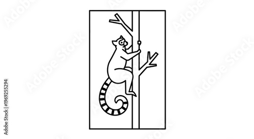 Ring-tailed Lemur Climbing Tree Branch, Stylized Outline Illustration