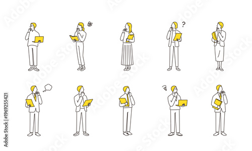PCや書類ファイルを持って考えているビジネスパーソンの線画イラストセット