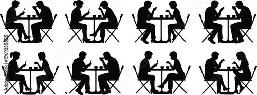 Couple using smartphone at cafe silhouette, digital distraction concept, people ignoring each other, modern relationship, technology addiction, social isolation