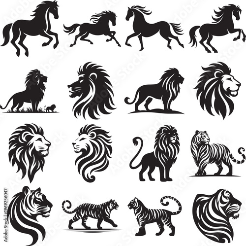 Diverse black and white illustrations of mythical and real animals in dynamic poses Vector, illustration