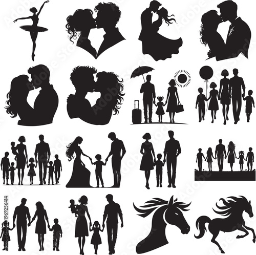 Silhouettes of diverse family moments and relationships in black and white art Vector, illustration