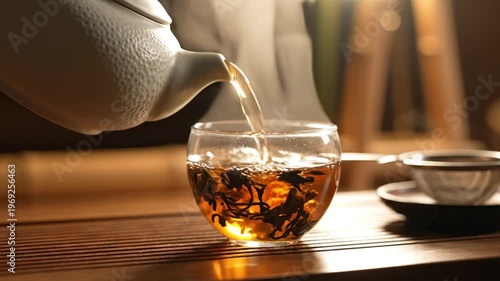 Hot tea pouring from a white ceramic teapot into a glass cup with steam on a wooden tray, for a relaxation ritual concept and tranquil home atmosphere