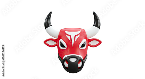 3D Red Bull Head with White Markings and Black Horns