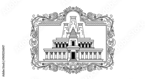 Ornate Ancient Temple Facade with Pillars and Decorative Frame