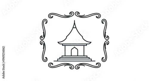 Ornate Frame Surrounds Traditional Asian Temple Pavilion Icon
