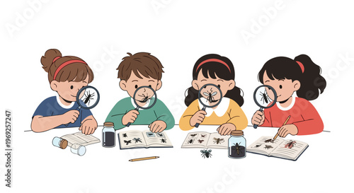 Four curious children sit at a table, using magnifying glasses to study insects in books and jars during an engaging science lesson.