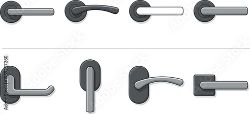 Modern door handle collection set, metal lever door handles and knobs, home interior hardware elements vector illustration