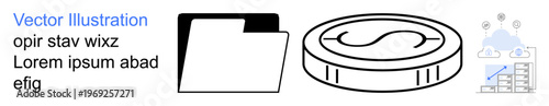 Finance, data management, cloud computing, online storage, documentation, digital resources. ion of a folder, coin and cloud icons. Finance and data management concept