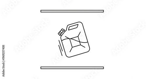 Minimalist black and white line art illustration of a moving jerrycan or fuel container