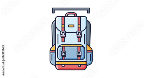 Colorful graphic vector illustration of a modern adventure travel backpack icon on a white