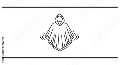 Minimalist line art illustration of a hooded poncho showcasing lightweight fabric or movement for