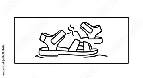 Minimalist vector line art illustrating a damaged outdoor sport sandal, symbolizing wear and the