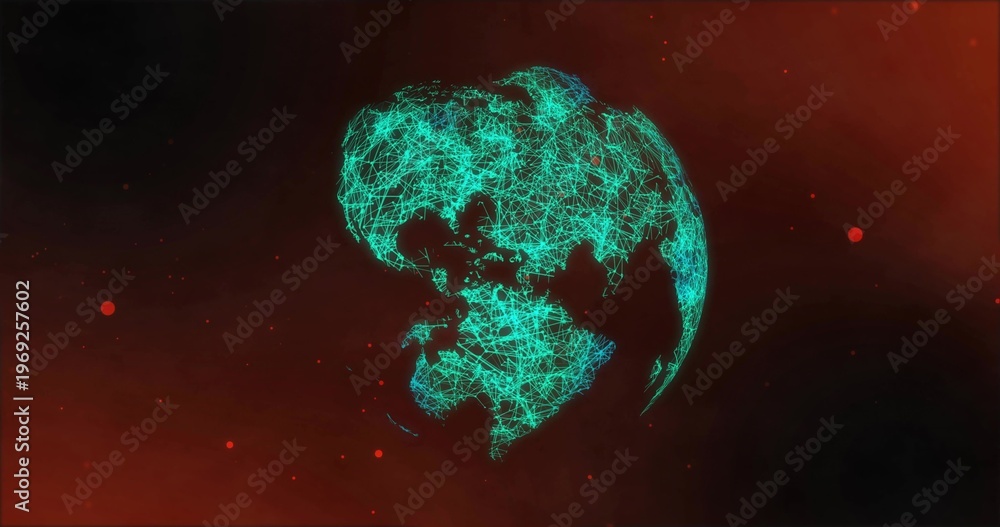 Fototapeta premium Rotating stylized globe forming teal lines in dark red space, showing glowing nodes and red glow