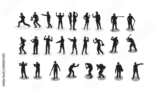 A group of black silhouettes of people in various dynamic poses on a white background