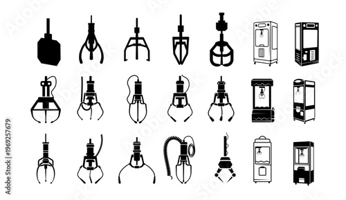 A collection of various industrial robotic arm grippers and vending machines in black and white