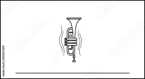 Minimalist line art illustration of a trumpet producing sound waves, symbolizing music and