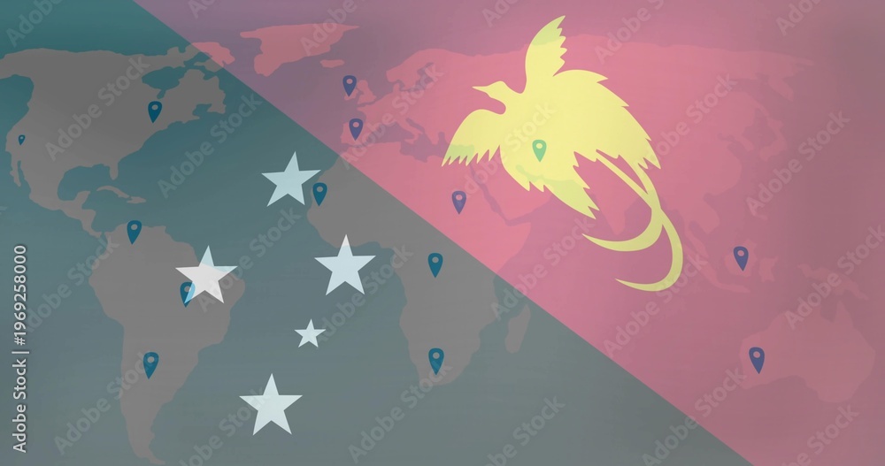 Fototapeta premium Dominating yellow bird silhouette on right over faint world map, teal pins and stars, copy space