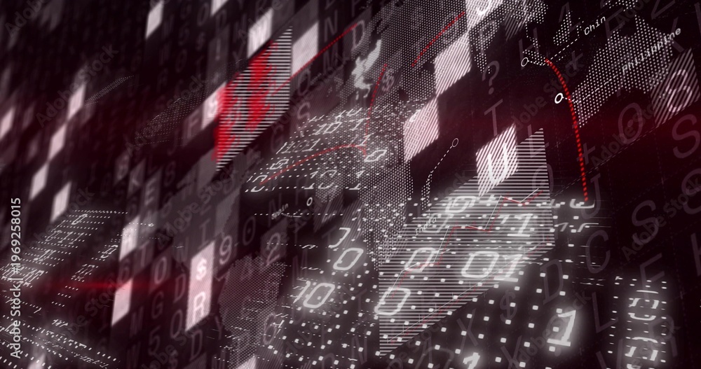 Fototapeta premium Glowing data wall moving in data corridor, showing binary and alphanumeric characters, tiles