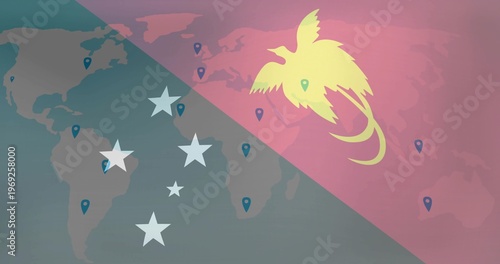 Dominating yellow bird silhouette on right over faint world map, teal pins and stars, copy space