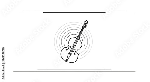 Elegant monochrome line art of an upright bass creating rhythmic sonic waves, ideal for musical