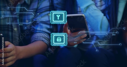 Plaid-shirted and denim-jacketed adults tapping phones in dim lounge with hologram key and padlock