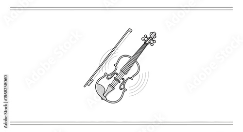 Minimalist line art illustration of a classic violin and bow creating harmonious melodies
