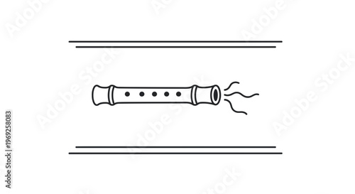 Simple Line Art Illustration of a Recorder Musical Instrument with Flowing Sound Waves