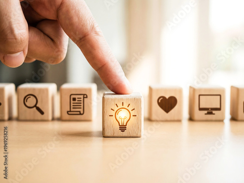 Innovation and creativity symbolized by placing an idea block in a building setup, modern visual style, modern corporate business concept
