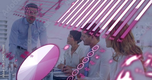 Presenter speaking triggers magenta charts, pie slicing and bars rising showing monthly trends