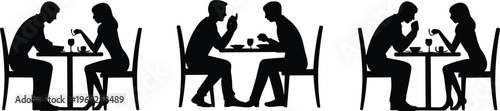 Silhouette people dining at tables, social meal vector, festive dinner illustration, restaurant conversation design, celebration party eating scene