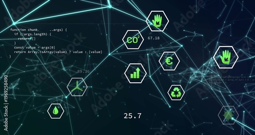 Displaying central network visual pulsing across virtual UI, showing hex badges and numeric labels