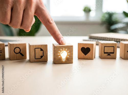 Person selecting an idea icon from a row of cardboard cutouts, modern visual style, creative visual concept