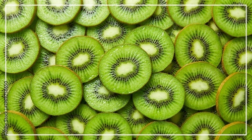Top view of many fresh kiwi slices forming a vibrant green fruit background. Healthy tropical food texture rich in vitamins, ideal for diet, smoothie and organic nutrition concepts.