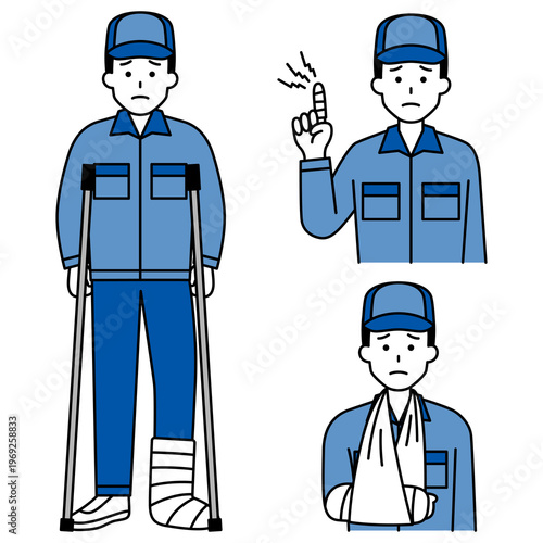指・腕・足の怪我をしているつなぎ作業服の男性のセット