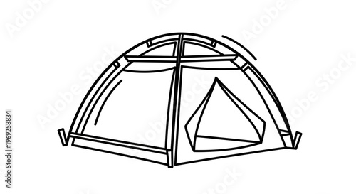 Minimalist monochromatic outline drawing illustrating a compact portable dome tent design for