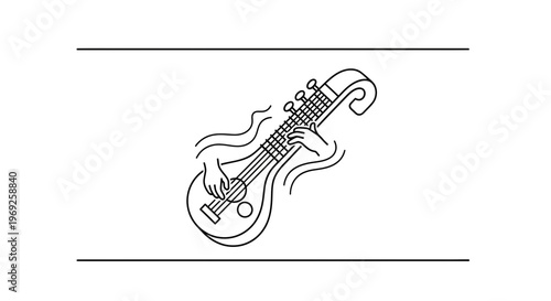 Elegant minimalist line art depicting a traditional stringed instrument being skillfully played,