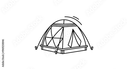 Minimalist dome tent line art illustration for outdoor camping adventure and wilderness