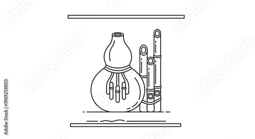 Detailed line art of traditional Asian wind instruments, showcasing cultural musical heritage