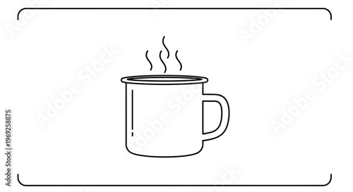 Minimalist vector line art icon of a hot steaming beverage in a classic enamel mug graphic design