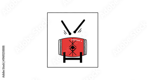 Vibrant red traditional drum icon with mallets striking rhythmic beats for cultural celebration