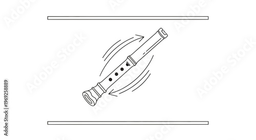 Illustrative line art of a wooden recorder musical instrument showing rotational movement with