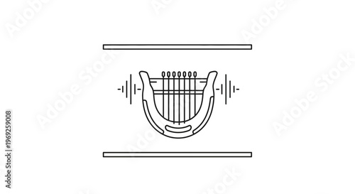 Minimalist monochrome line art illustration of a lyre with abstract sound waves, depicting ancient