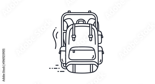Contemporary line art depicting robust backpacking gear for dynamic travel and outdoor exploration