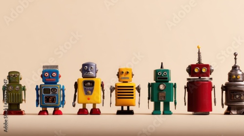 A lineup of vintage toy robots in various colors and designs against a neutral background