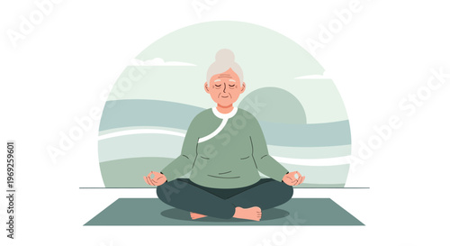 Celebrating wisdom and tranquility An elderly woman finds peace in meditation, embodying healthy aging and mindfulness for Older Americans Month