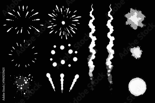 Black and white illustration of various firework shapes and smoke trails