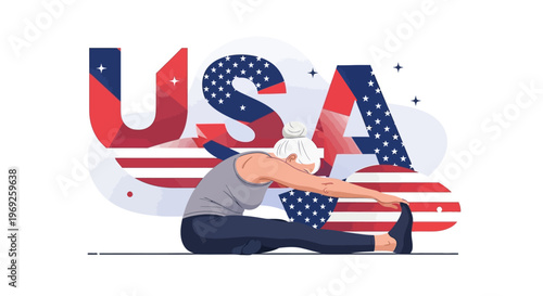 An empowering illustration of an active older woman stretching with patriotic USA lettering, celebrating health, fitness, and vitality in honor of Older Americans Month