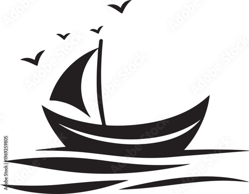 A classic sailboat gliding peacefully on calm waters with birds flying nearby Vector, illustration