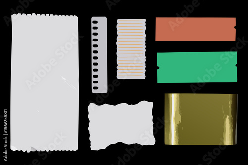 Assorted rectangular and irregularly shaped paper or film strips on black