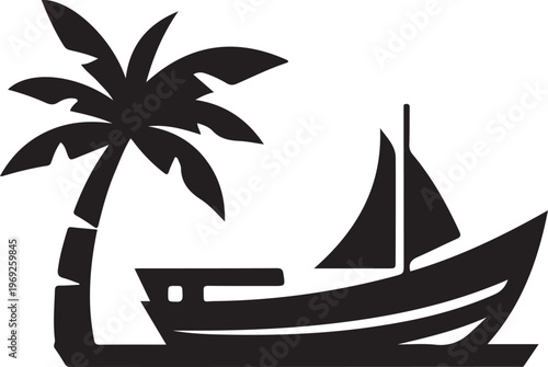 A tropical sailboat gliding past a lone palm tree silhouette against a plain background Vector, illustration